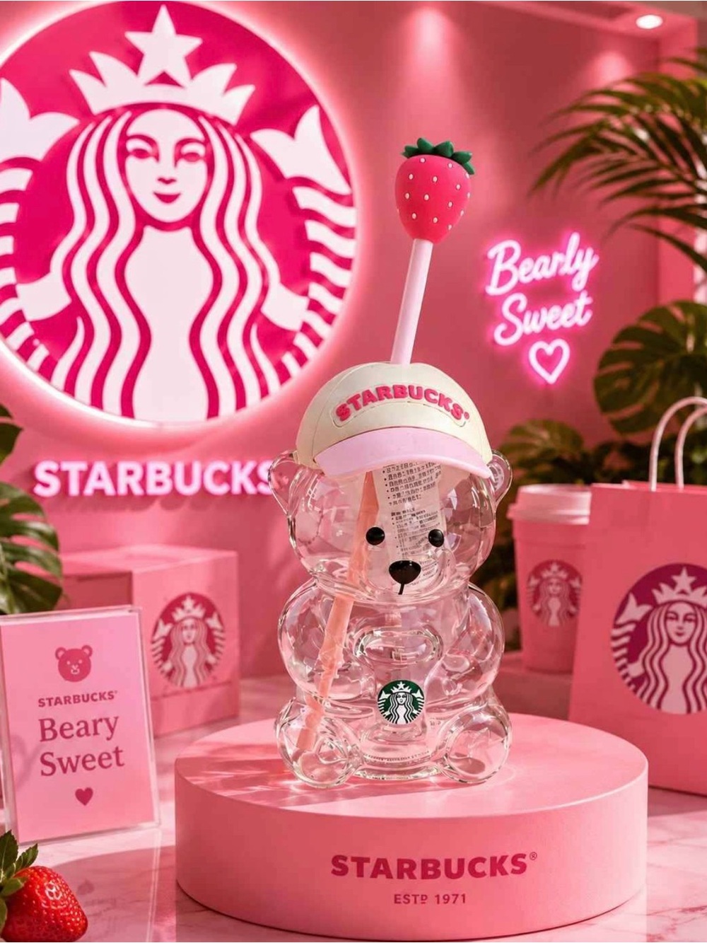 Starbucks Clear Bear Bottle with Pink Cap and Strawberry Straw